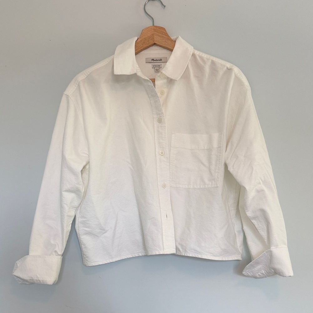 Madewell White Boxy Cropped Button-Down Shirt